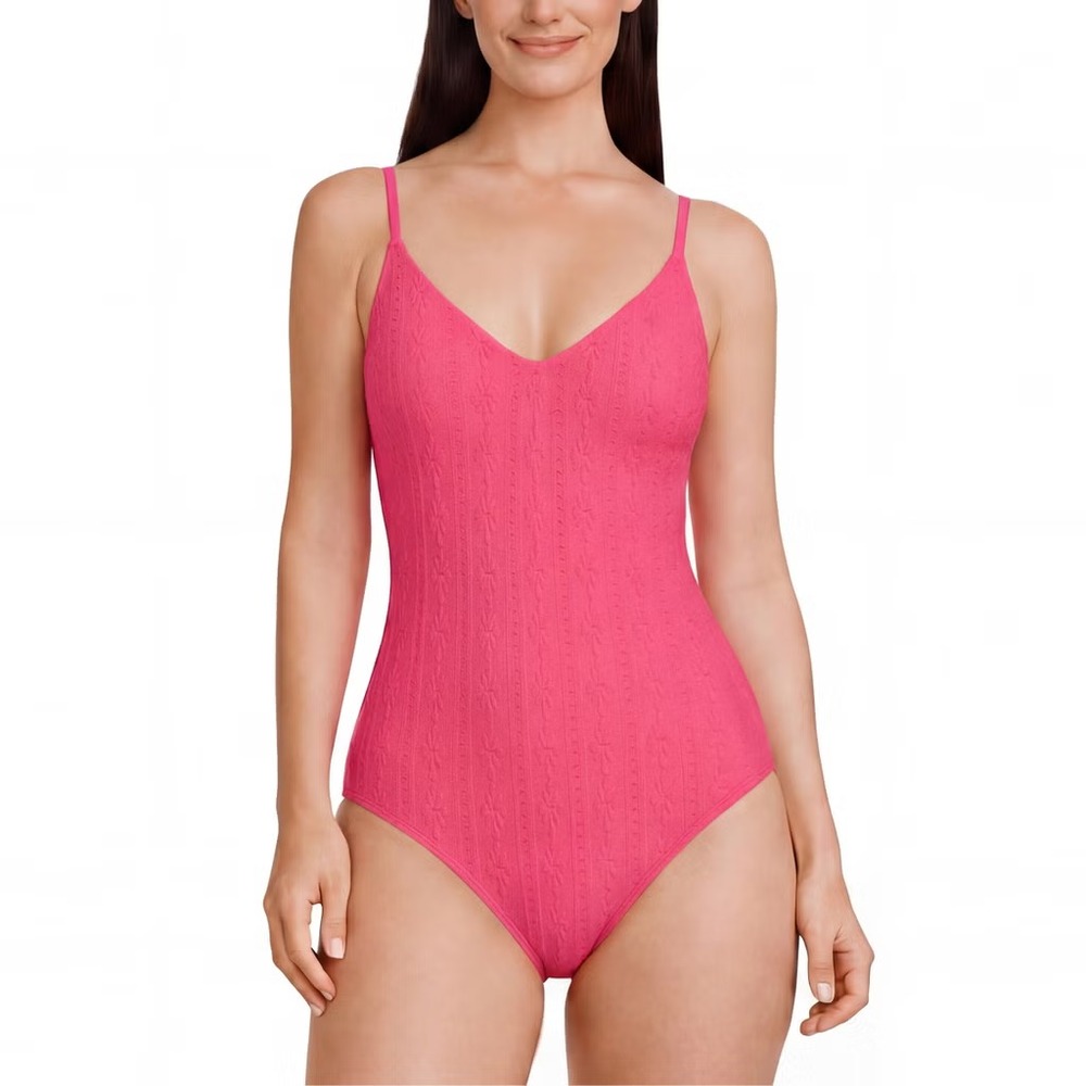 LOFT Womens One Piece Swimsuit Pink Textured Jacquard V-Neck Size Medium NEW